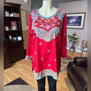 World Market red, blue & gold long sleeve lightweight blouse-size L